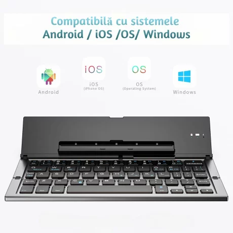 Tastatura Pliabila Super Slim, Portabila cu Suport pentru Tablete si Telefoane, conectivitate Bluetooth, Compatibila cu Android / iOS / Windows din aliaj de aluminiu, Gri