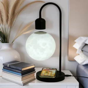 Lampa de Veghe, Luna care Leviteaza si Incarcator Wireless VENTLEX, Control tactil ON/OFF, Sursa de Lumina LED Magnetica, Negru