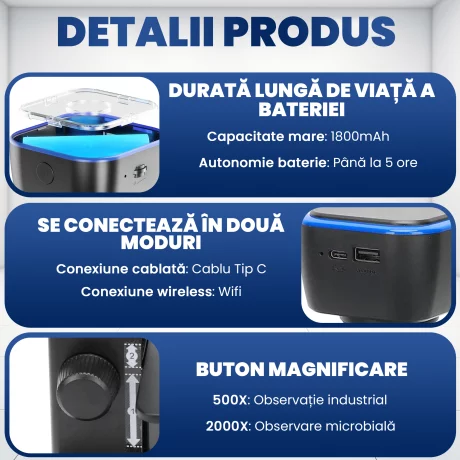 Microscop Digital Ventlex, de inalta putere 2000X, cu doua lentile Profesionale si cu Lumina LED duala, Conectare WIFI si USB, Baterie de 2600mAh, Functie foto/video, Microbiologic, Negru