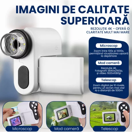 Microscop Portabil Digital Pentru Copii, Studenti, Ventlex cu 3 Moduri de Functionare, Inregistrare Full HD, Conectare WIFI si USB, Baterie de 1200mAh, Functie foto/video, Microbiologic, Alb