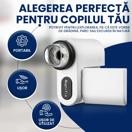 Microscop Portabil Digital Pentru Copii, Studenti, Ventlex cu 3 Moduri de Functionare, Inregistrare Full HD, Conectare WIFI si USB, Baterie de 1200mAh, Functie foto/video, Microbiologic, Alb