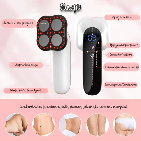 Aparat de Masaj Anticelulitic Profesional 4 in 1 VENTLEX, Remodelare coporala, Impulsuri electrice, Radiofrecventa, terapie cu lumina rosie si functie de caldura, portabil, 3 Moduri de masaj, 10 trepte de Intensitate, Alb