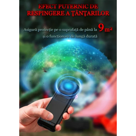 Aparat electric ipotriva tantarilor portabil si reincarcabil VENTLEX, Incalzire duala cu pastile, protectie 360°, usor 210g, Acumulator 5000 mAh, Functie baterie externa, Lanterna, potrivit pentru Camping, Drumetii sau Casa, Negru