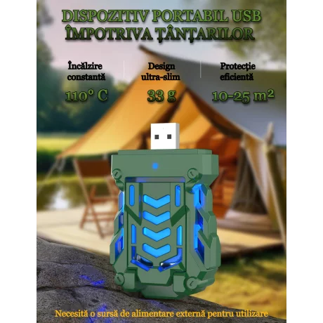 Aparat electric portabil impotriva tantarilor VENTLEX cu pastile, Interior/Exterior, Alimentare prin USB sau baterie externa, compact si usor 33g, protectie 360°, Potrivit pentru Camping sau Casa, Verde