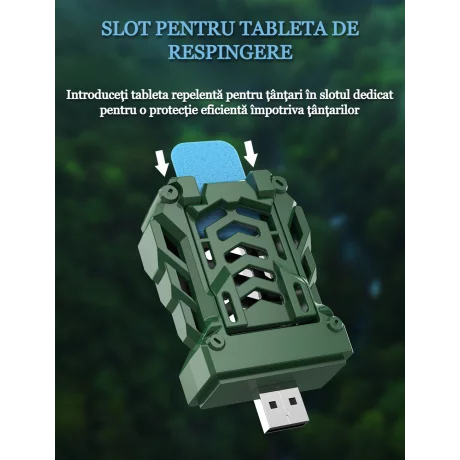 Aparat electric portabil impotriva tantarilor VENTLEX cu pastile, Interior/Exterior, Alimentare prin USB sau baterie externa, compact si usor 33g, protectie 360°, Potrivit pentru Camping sau Casa, Verde