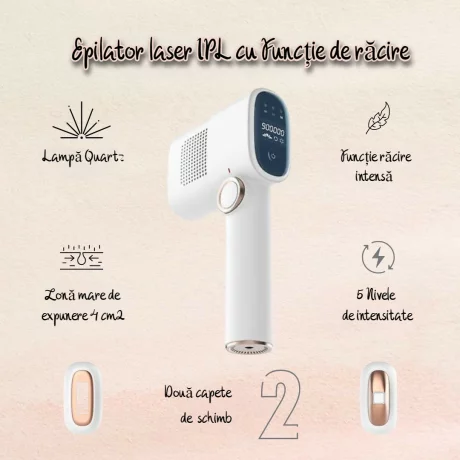 Epilator IPL VENTLEX, Pentru Epilare Definitiva Fara Durere cu noua Tehnologie IPL / ICE COOLING, 5 trepte de intensitate, 999.999 de Pulsatii, 2 Capete de inlocuire pentru Corp si Fata, Portabil, Cu Afisaj, Alb
