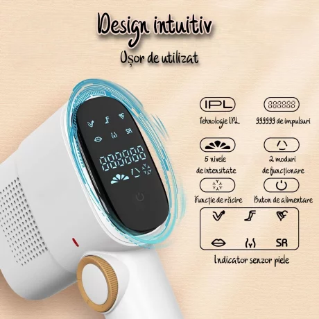 Epilator IPL VENTLEX, Pentru Epilare Definitiva Fara Durere cu noua Tehnologie IPL / ICE COOLING, 5 trepte de intensitate, 999.999 de Pulsatii, 2 Capete de inlocuire pentru Corp si Fata, Portabil, Cu Afisaj, Alb