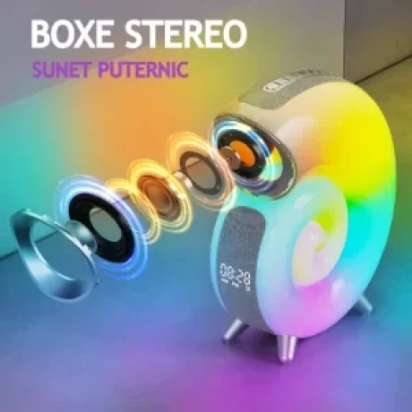 Lampa Muzicala LED RGB VENTLEX, Lumini Ambientale, Sincronizare muzicala, Difuzor Surround 360°, Bluetooth, Afisaj Ceas Digital, Alarma, Control prin aplicatie, Alb-Gri