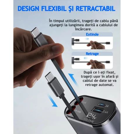 Incarcator Auto Rapid Retractabil 4 in 1 VENTLEX, Afisaj Digital Tensiune, Design Cu Doua Cabluri Retractabile Type C, Si Doua Porturi Iesire USB si USB-C, Gri-Negru