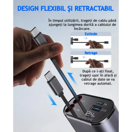 Incarcator Auto Rapid Retractabil 4 in 1 VENTLEX, Afisaj Digital Tensiune, Design Cu Doua Cabluri Retractabile Type C, Si Doua Porturi Iesire USB si USB-C, Gri-Negru
