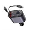 Incarcator Auto Rapid Retractabil 4 in 1 VENTLEX, Afisaj Digital Tensiune, Design Cu Doua Cabluri Retractabile Type C, Si Doua Porturi Iesire USB si USB-C, Gri-Negru
