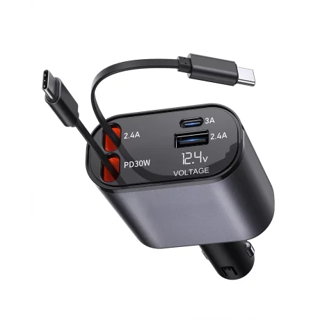 Incarcator Auto Rapid Retractabil 4 in 1 VENTLEX, Afisaj Digital Tensiune, Design Cu Doua Cabluri Retractabile Type C, Si Doua Porturi Iesire USB si USB-C, Gri-Negru