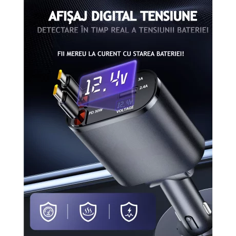 Incarcator Auto Rapid Retractabil 4 in 1 VENTLEX, Afisaj Digital Tensiune, Design Cu Doua Cabluri Retractabile Type C, Si Doua Porturi Iesire USB si USB-C, Gri-Negru