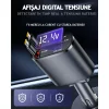 Incarcator Auto Rapid Retractabil 4 in 1 VENTLEX, Afisaj Digital Tensiune, Design Cu Doua Cabluri Retractabile Type C, Si Doua Porturi Iesire USB si USB-C, Gri-Negru