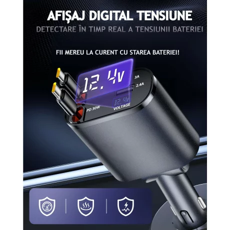 Incarcator Auto Rapid Retractabil 4 in 1 VENTLEX, Afisaj Digital Tensiune, Design Cu Doua Cabluri Retractabile Type C, Si Doua Porturi Iesire USB si USB-C, Gri-Negru