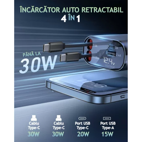 Incarcator Auto Rapid Retractabil 4 in 1 VENTLEX, Afisaj Digital Tensiune, Design Cu Doua Cabluri Retractabile Type C, Si Doua Porturi Iesire USB si USB-C, Gri-Negru