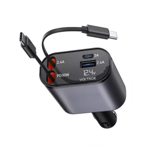 Incarcator Auto Rapid Retractabil 4 in 1 VENTLEX, Afisaj Digital Tensiune, Design Cu Doua Cabluri Retractabile Type C, Si Doua Porturi Iesire USB si USB-C, Gri-Negru