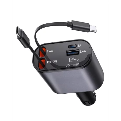 Incarcator Auto Rapid Retractabil 4 in 1 VENTLEX, Afisaj Digital Tensiune, Design Cu Doua Cabluri Retractabile Type C, Si Doua Porturi Iesire USB si USB-C, Gri-Negru
