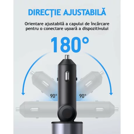 Incarcator Auto Rapid Retractabil 4 in 1 VENTLEX, Afisaj Digital Tensiune, Design Cu Doua Cabluri Retractabile Type C, Si Doua Porturi Iesire USB si USB-C, Gri-Negru