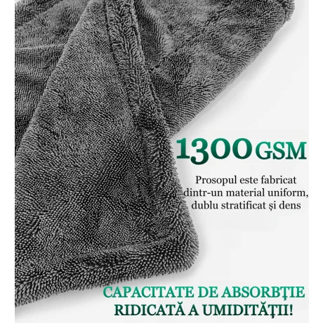 Prosop auto Microfibra, ultra absorbant 1300 GSM, Uscare Auto Rapida, Fara Urme dintr-o singura miscare, 70x90 cm, Gri