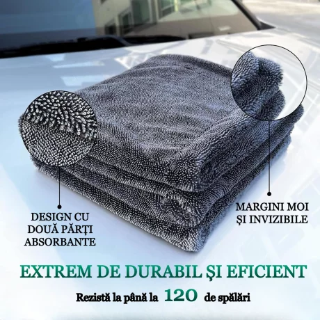 Prosop auto Microfibra, ultra absorbant 1300 GSM, Uscare Auto Rapida, Fara Urme dintr-o singura miscare, 70x90 cm, Gri