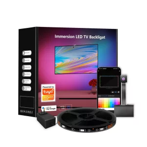 Banda LED RGBIC inteligenta cu Sincronizare pentru TV, Compatibila cu Asistentii virtuali Alexa si Google Home, Camera HD 1080p cu Senzor de culoare, Control prin Aplicatia dedicata Tuya, Compatibil cu TV 55-65 inch (1.4 -1.65 m)