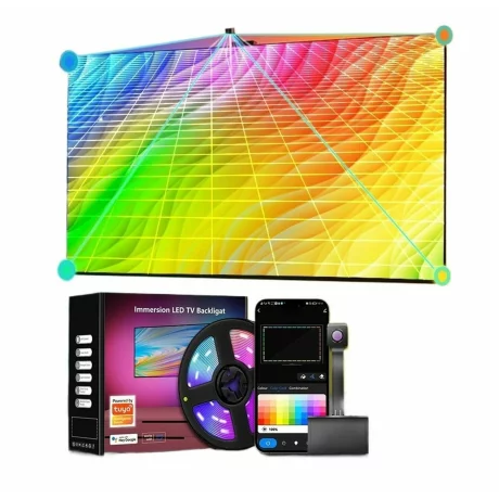 Banda LED RGBIC inteligenta cu Sincronizare pentru TV, Compatibila cu Asistentii virtuali Alexa si Google Home, Camera HD 1080p cu Senzor de culoare, Control prin Aplicatia dedicata Tuya, Compatibil cu TV 55-65 inch (1.4 -1.65 m)