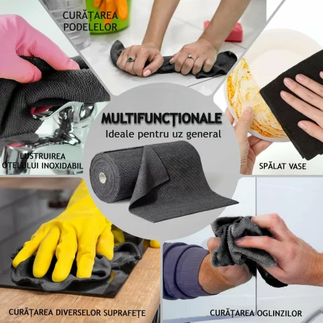 Rola de lavete din microfibra, VENTLEX, 50 lavete, 30x30 cm, 200GSM, Capacitate mare de absorbtie, Reutilizabile, Negru