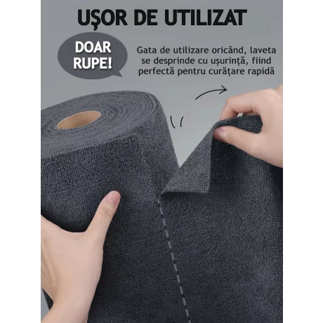 Rola de lavete din microfibra, VENTLEX, 50 lavete, 30x30 cm, 200GSM, Capacitate mare de absorbtie, Reutilizabile, Negru