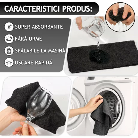 Rola de lavete din microfibra, VENTLEX, 50 lavete, 30x30 cm, 200GSM, Capacitate mare de absorbtie, Reutilizabile, Negru
