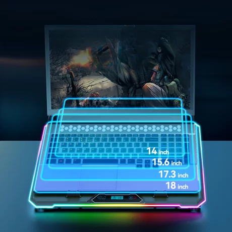 Cooler Laptop Gaming RGB si Suport Laptop cu 9 Trepte de Ajustare, Dimensiuni Compatabile 10-21 inch, 13 Ventilatoare Puternice 2400RPM si Silentioase 20dB, Ecran LCD pt Control Functii, Suport Telefon Integrat, Negru