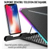 Cooler Laptop Gaming RGB si Suport Laptop cu 9 Trepte de Ajustare, Dimensiuni Compatabile 10-21 inch, 13 Ventilatoare Puternice 2400RPM si Silentioase 20dB, Ecran LCD pt Control Functii, Suport Telefon Integrat, Negru