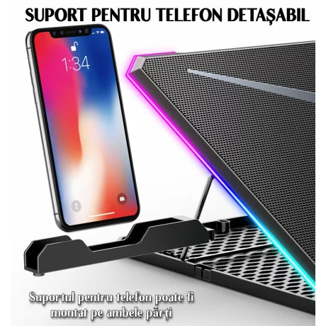 Cooler Laptop Gaming RGB si Suport Laptop cu 9 Trepte de Ajustare, Dimensiuni Compatabile 10-21 inch, 13 Ventilatoare Puternice 2400RPM si Silentioase 20dB, Ecran LCD pt Control Functii, Suport Telefon Integrat, Negru
