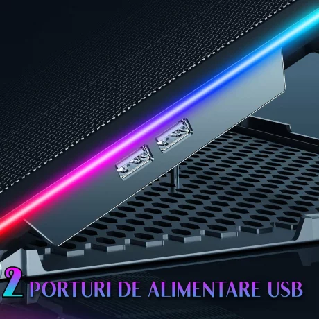 Cooler Laptop Gaming RGB si Suport Laptop cu 9 Trepte de Ajustare, Dimensiuni Compatabile 10-21 inch, 13 Ventilatoare Puternice 2400RPM si Silentioase 20dB, Ecran LCD pt Control Functii, Suport Telefon Integrat, Negru