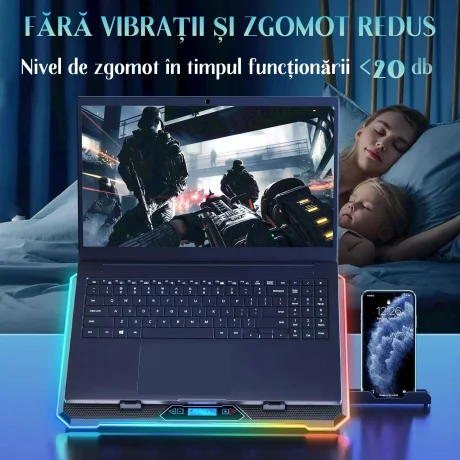 Cooler Laptop Gaming RGB si Suport Laptop cu 9 Trepte de Ajustare, Dimensiuni Compatabile 10-21 inch, 13 Ventilatoare Puternice 2400RPM si Silentioase 20dB, Ecran LCD pt Control Functii, Suport Telefon Integrat, Negru