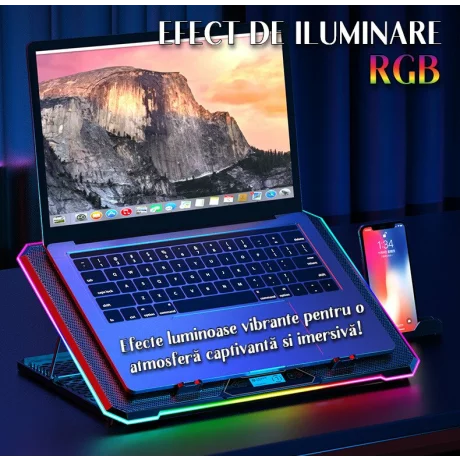 Cooler Laptop Gaming RGB si Suport Laptop cu 9 Trepte de Ajustare, Dimensiuni Compatabile 10-21 inch, 13 Ventilatoare Puternice 2400RPM si Silentioase 20dB, Ecran LCD pt Control Functii, Suport Telefon Integrat, Negru