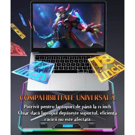 Cooler Laptop Gaming RGB si Suport Laptop cu 9 Trepte de Ajustare, Dimensiuni Compatabile 10-21 inch, 13 Ventilatoare Puternice 2400RPM si Silentioase 20dB, Ecran LCD pt Control Functii, Suport Telefon Integrat, Negru