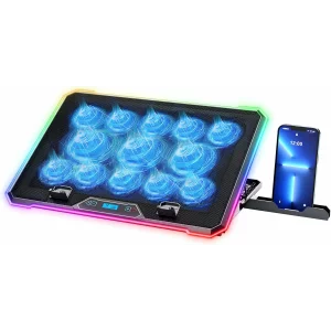 Cooler Laptop Gaming RGB si Suport Laptop cu 9 Trepte de Ajustare, Dimensiuni Compatabile 10-21 inch, 13 Ventilatoare Puternice 2400RPM si Silentioase 20dB, Ecran LCD pt Control Functii, Suport Telefon Integrat, Negru