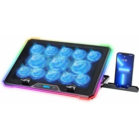 Cooler Laptop Gaming RGB si Suport Laptop cu 9 Trepte de Ajustare, Dimensiuni Compatabile 10-21 inch, 13 Ventilatoare Puternice 2400RPM si Silentioase 20dB, Ecran LCD pt Control Functii, Suport Telefon Integrat, Negru