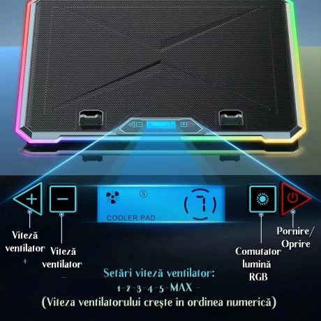 Cooler Laptop Gaming RGB si Suport Laptop cu 9 Trepte de Ajustare, Dimensiuni Compatabile 10-21 inch, 13 Ventilatoare Puternice 2400RPM si Silentioase 20dB, Ecran LCD pt Control Functii, Suport Telefon Integrat, Negru