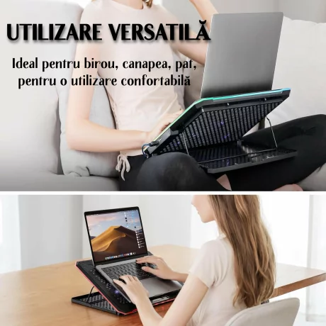 Cooler Laptop Gaming RGB si Suport Laptop cu 9 Trepte de Ajustare, Dimensiuni Compatabile 10-21 inch, 13 Ventilatoare Puternice 2400RPM si Silentioase 20dB, Ecran LCD pt Control Functii, Suport Telefon Integrat, Negru
