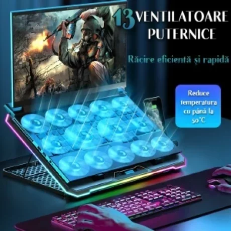 Cooler Laptop Gaming RGB si Suport Laptop cu 9 Trepte de Ajustare, Dimensiuni Compatabile 10-21 inch, 13 Ventilatoare Puternice 2400RPM si Silentioase 20dB, Ecran LCD pt Control Functii, Suport Telefon Integrat, Negru