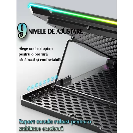 Cooler Laptop Gaming RGB si Suport Laptop cu 9 Trepte de Ajustare, Dimensiuni Compatabile 10-21 inch, 13 Ventilatoare Puternice 2400RPM si Silentioase 20dB, Ecran LCD pt Control Functii, Suport Telefon Integrat, Negru