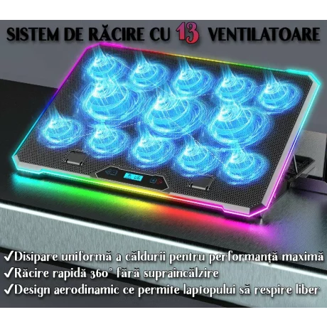 Cooler Laptop Gaming RGB si Suport Laptop cu 9 Trepte de Ajustare, Dimensiuni Compatabile 10-21 inch, 13 Ventilatoare Puternice 2400RPM si Silentioase 20dB, Ecran LCD pt Control Functii, Suport Telefon Integrat, Negru