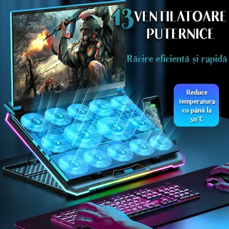 Cooler Laptop Gaming RGB si Suport Laptop cu 9 Trepte de Ajustare, Dimensiuni Compatabile 10-21 inch, 13 Ventilatoare Puternice 2400RPM si Silentioase 20dB, Ecran LCD pt Control Functii, Suport Telefon Integrat, Negru