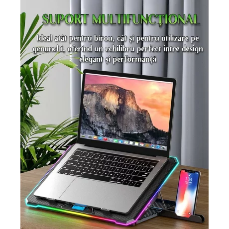 Cooler Laptop Gaming RGB si Suport Laptop cu 9 Trepte de Ajustare, Dimensiuni Compatabile 10-21 inch, 13 Ventilatoare Puternice 2400RPM si Silentioase 20dB, Ecran LCD pt Control Functii, Suport Telefon Integrat, Negru