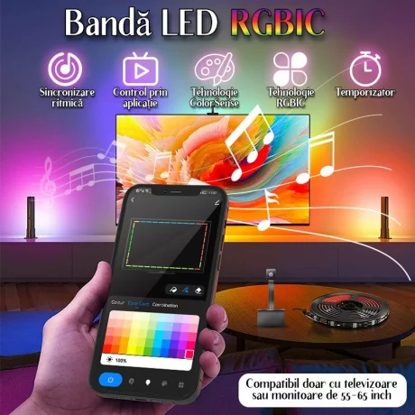 Banda LED RGBIC inteligenta cu Sincronizare pentru TV, Camera HD 1080p cu Senzor de culoare, Control prin Aplicatie, Bluetooth, Telecomanda, Compatibil cu TV 55-65 inch (1.4 -1.65 m)