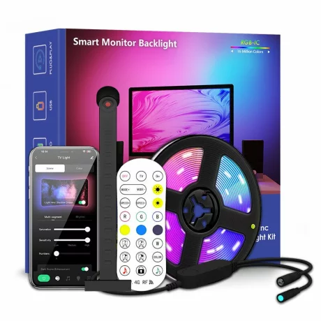Banda LED RGBIC inteligenta cu Sincronizare pentru TV, Camera HD 1080p cu Senzor de culoare, Control prin Aplicatie, Bluetooth, Telecomanda, Compatibil cu TV 55-65 inch (1.4 -1.65 m)