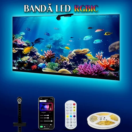 Banda LED RGBIC inteligenta cu Sincronizare pentru TV, Camera HD 1080p cu Senzor de culoare, Control prin Aplicatie, Bluetooth, Telecomanda, Compatibil cu TV 55-65 inch (1.4 -1.65 m)