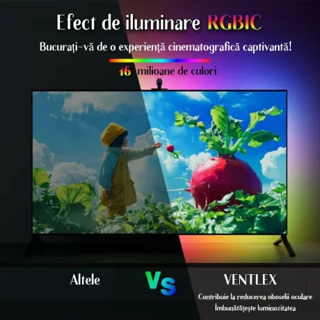 Banda LED RGBIC inteligenta cu Sincronizare pentru TV, Camera HD 1080p cu Senzor de culoare, Control prin Aplicatie, Bluetooth, Telecomanda, Compatibil cu TV 55-65 inch (1.4 -1.65 m)
